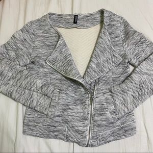 H&M Knit Moto Jacket Cropped Quilted Heather Gray
